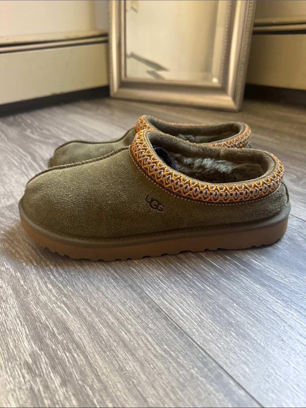UGG woman’s Olive Green Suede Slip-On Clog with Contrasting Trim